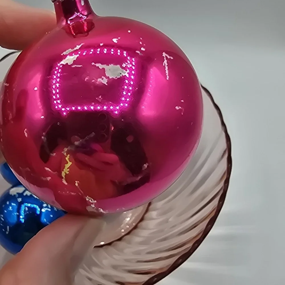 6 Vintage Poland Blue Pink Glass Christmas Holiday Ornaments Lot Set‎